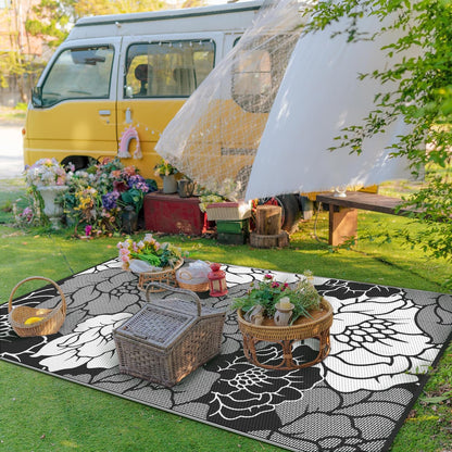 GENIMO Outdoor Rug Waterproof for Patio Decor, 9' x 12' Reversible Plastic Straw Floral Camping Carpet, Large Area Rugs Mats for RV, Camper, Deck, Balcony, Porch, Beach, Picnic, Mix-Black & White