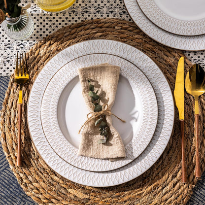 GBHOME Ceramic Dinnerware Sets, 24 pcs Embossed Elegant Stoneware Plates and Bowls Sets, Housewarming Wedding Gift | Dishwasher & Microwave Safe | Dishes Set Service for 8