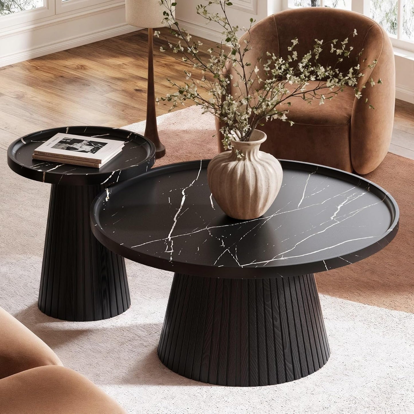 win2win Nesting Coffee Table Set of 2, Modern Coffee Table with Marble Veneer, Fluted Round Tea Table and End Table Set, Minimalist Center Tables for Living Room, Office, Black