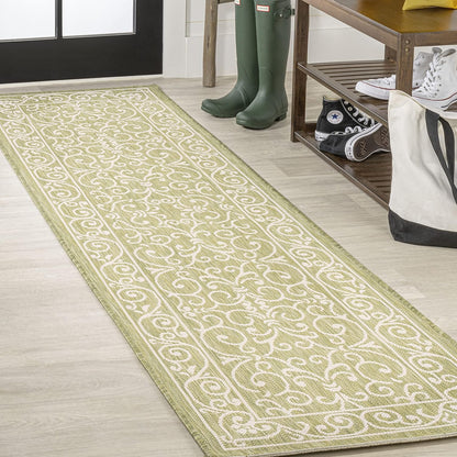 JONATHAN Y Vintage Filigree Indoor Outdoor Runner Rug 2X10 Green/Cream, Charleston Textured Weave for Backyard, Patio, Porch, Easy-Cleaning, High Traffic, Pet-Friendly, Non-Shedding (SMB106H-210)