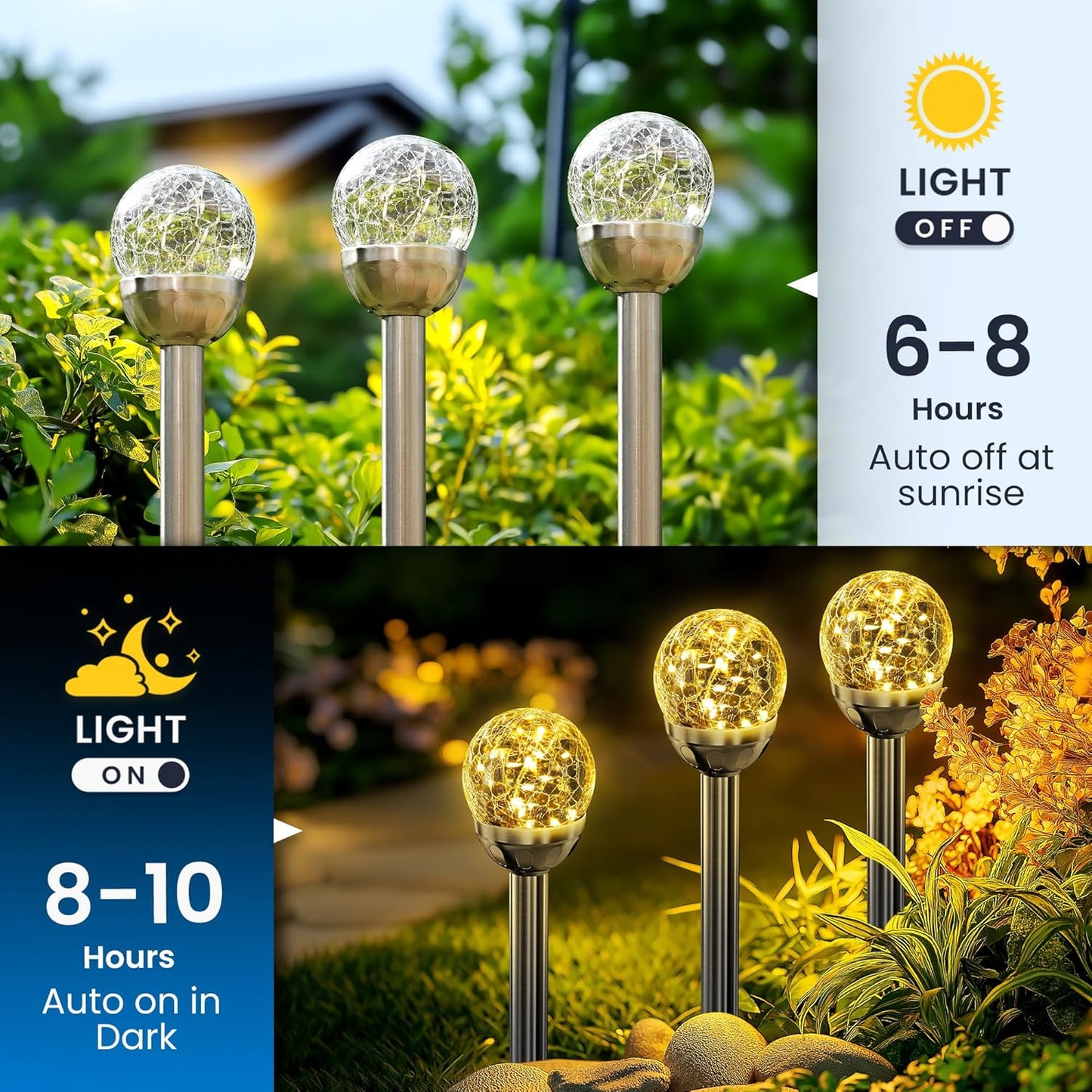 SOLPEX Solar Garden Lights String, 6 Pack Outdoor Christmas Decoration Warm White Solar Powered Cracked Glass Ball Lights, Waterproof for Patio Decoration