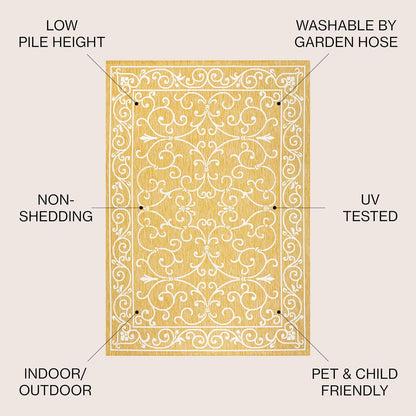 JONATHAN Y Vintage Filigree Indoor Outdoor Square Area Rug 5X5 Yellow/Cream, Charleston Textured Weave for Backyard, Patio, Porch, Easy-Cleaning, High Traffic, Pet-Friendly, Non-Shedding SMB106L-5SQ