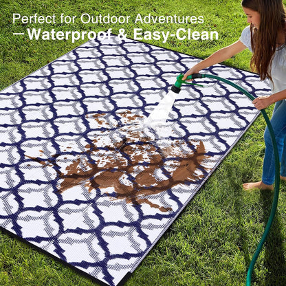 OLANLY Reversible Outdoor Rug 8x10 ft Clearance, Waterproof Outdoor Plastic Straw Rug with Interlacing Pattern, RV Mat for Patio, Camping, Balcony, Deck, Backyard, Navy & White