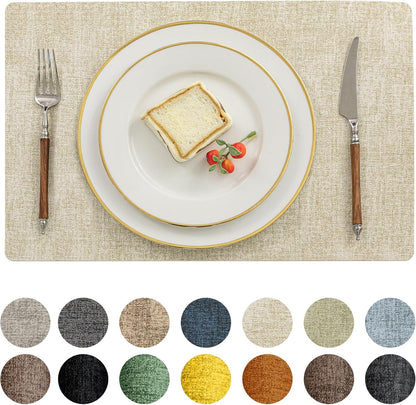 Romanstile Vinyl Placemats Set of 6-12 X 18 Inch - Heat Resistant Place Mats 100% Waterproof Oilproof Wipeable Reversible Faux Leather Table Mats for Kitchen/Dining/Party/Outdoor, Beige