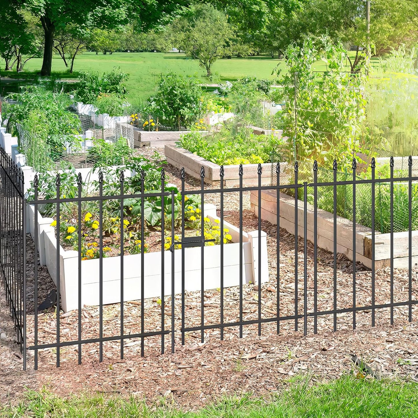Metal Garden Fence with Gate 30 in H x 10 ft L, 1 Gate + 4 Panels Border Fence Panels Animal Barrier for Dogs, No Dig Garden Fencing for Yard Patio Flower Bed Lawn Outdoor, Black