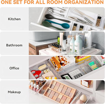 8-Pack Clear Plastic Drawer Organizer Trays – Large Dividers for Kitchen Gadgets, Bathroom Storage, Makeup & Vanity Accessories – Multi-Use Home Essentials for Organized Living