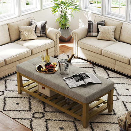 Large Rectangular Upholstered Ottoman Bench, Linen Tufted Footrest Ottoman with Solid Wood Shelf Storage Coffee Table for Bedroom Living Room, Linen