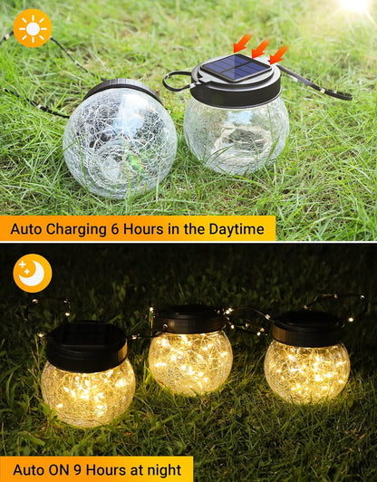 PARTPHONER Solar Lantern Solar Lights Outdoor Waterproof 2-Pack, Solar Powered Hanging Lights Cracked Glass Hanging Globes for Christmas Decoration, Shepherd Hook, Garden Tree Ornaments