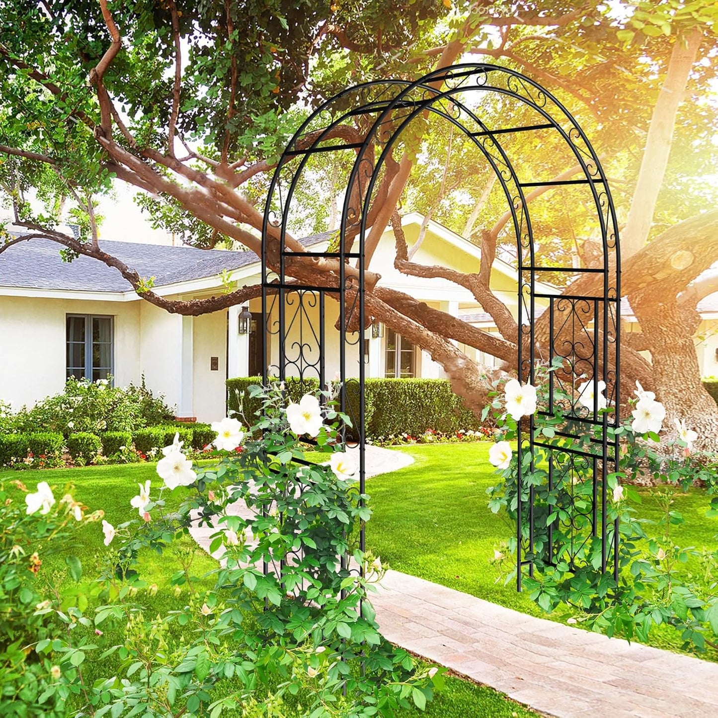 Metal Garden Arch 90.55" H Garden Arbor Trellis Climbing Plants Support Pattern Arch Outdoor Lawn Wedding Party Events Archway Black