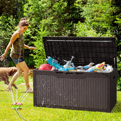 Greesum 100 Gallon Resin Deck Box Large Outdoor Storage with Cushions for Patio Furniture, Garden Tools, Pool Supplies, Weatherproof and UV Resistant, Lockable, Dark Brown