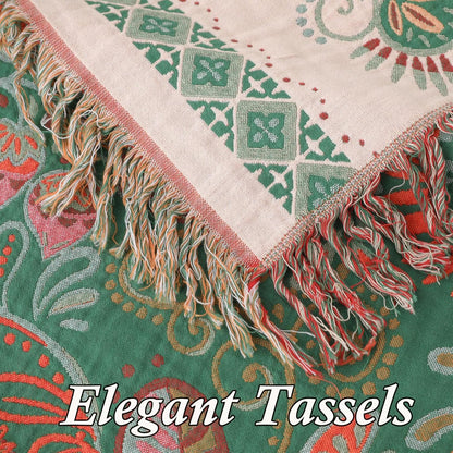 Snycler Cotton Bed Throw with Tassels, Double-Sided Bohemian Spring Flowers Plants Throws for Sofas, 60x80 inch Woven Warm Blanket for Single Sofa, Bedspread and Settee Couch Travel Green