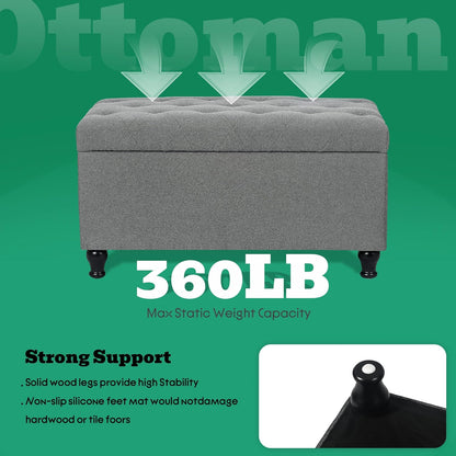 Ottoman with Storage 32'' Ottoman Storage Bench Fabric Ottomans Footstools Upholstered Foot Rest Stool for Couch, Living Room, Bedroom, Entrance Shoe Bench Gray