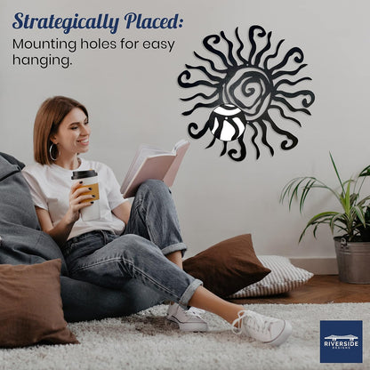 Riverside Designs Wacky Sun Metal Wall Art Indoor/Outdoor Decor - 30" Black Rust Proof Wall Sculpture - Made in USA - Ideal for Bedroom, Garden, Home, Patio and Farmhouse