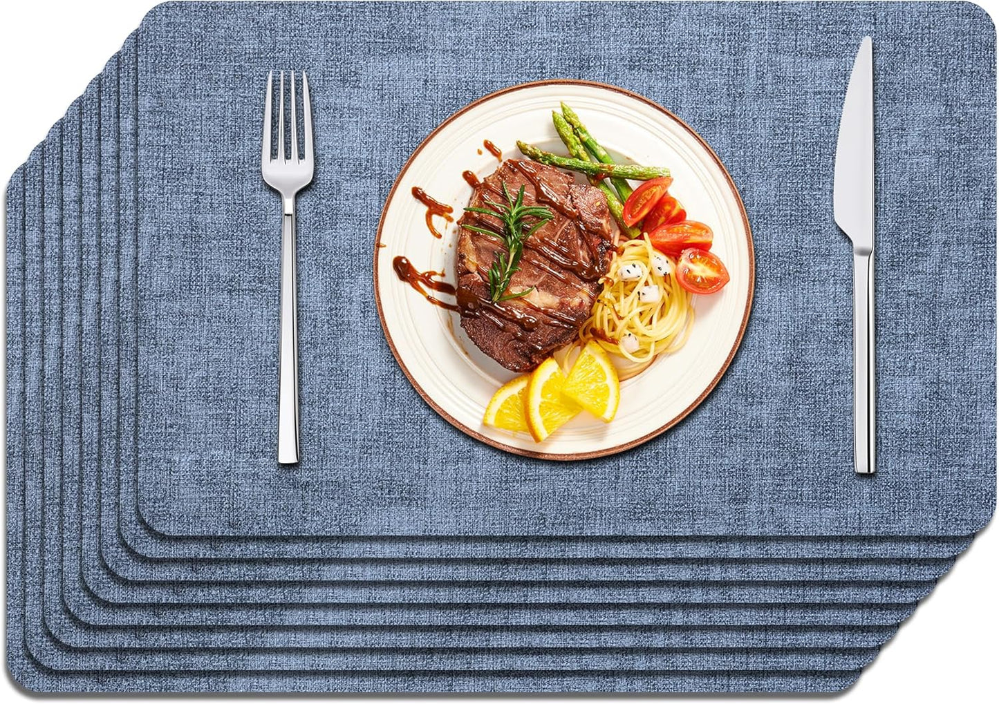 Maxpearl Set of 8 Faux Leather Table Placemats – Heat Resistant, Waterproof, Easy to Clean, Non-Slip Mats for Dining Table, Kitchen, Indoor & Outdoor, 17”x12”, Blue