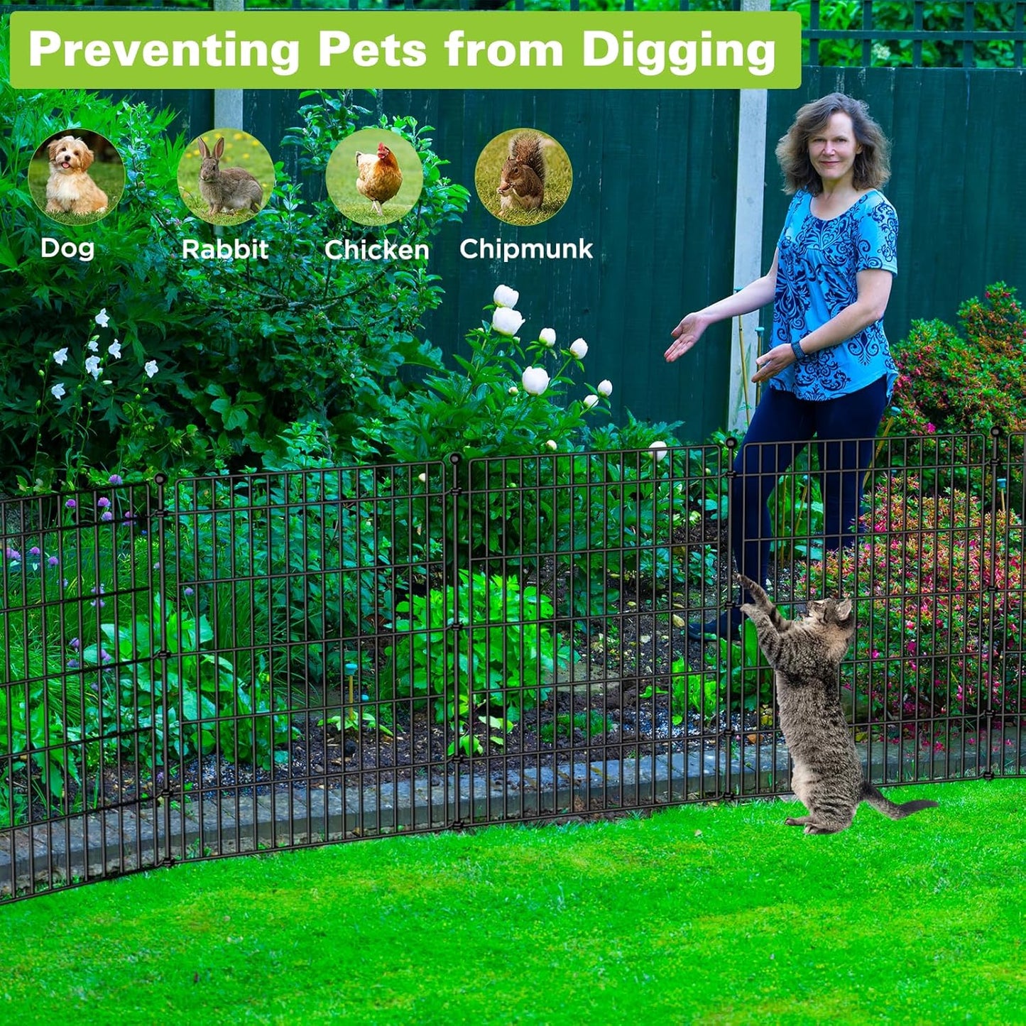 10 Panels No Dig Garden Fence Animal Barrier, 34in(H) × 22.5ft(L) Decorative Metal Outdoor Dog Fence, Rustproof Pet Fencing for Yard, Patio, Flower Bed -Temporary Fencing| Easy to Install