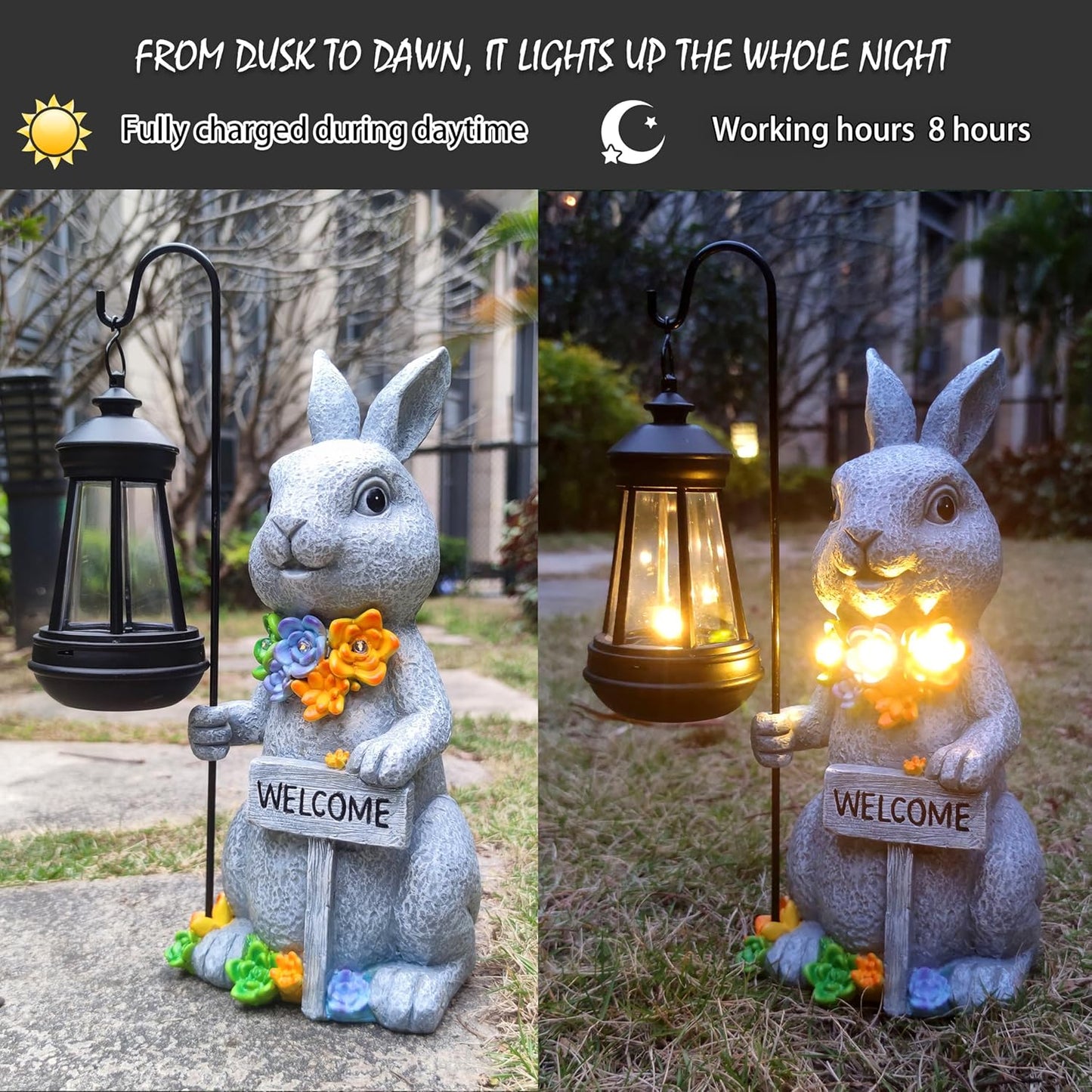 Rabbit Solar Lights Lantern Garden Statues with Succulent and 4 LED Lights - Outdoor Bunny Welcome Figurines Decorations for Patio Yard Lawn Ornaments Gifts for Birthday Easter Housewarming