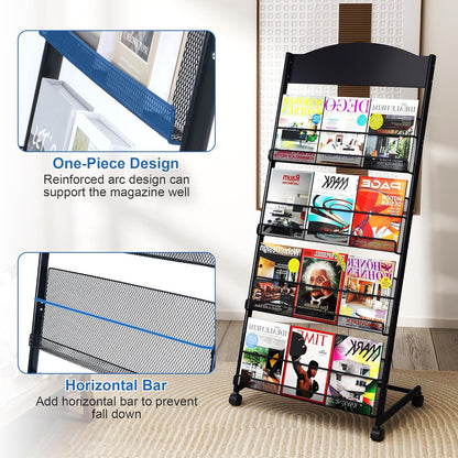 Brochure Display Stand 4 Layer Floor-Standing Magazine Rack Literature Newspaper Catalog Display Holder with Wheels and Top Billboard for Exhibitions,School, Hotel, Hospitals, Offices (Black)