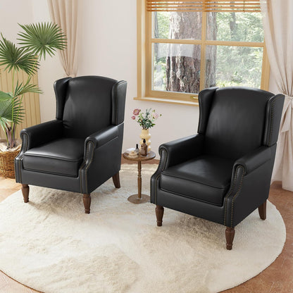 Accent Chairs, Faux Leather High Back Armchair Set of 2 or Living Room, Comfy Upholstered Single Sofa Reading Chairs with Solid Wood Legs for Office, Bedroom, Waiting Room-Black