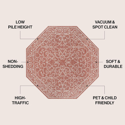 JONATHAN Y Vintage Filigree Indoor Outdoor Octagon Area Rug 5 Ft Red/Beige, Charleston Textured Weave for Backyard, Patio, Porch, Easy-Cleaning, High Traffic, Pet-Friendly, Non-Shedding SMB106B-5TGN