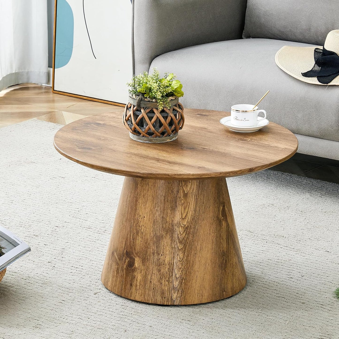 WILLIAMSPACE Round Coffee Table with Wooden Base, Modern Wood Small Circle Coffee Table Center Table with Natural Wood Grain Surface, Accent Side End Table for Living Room Apartment, φ25.6