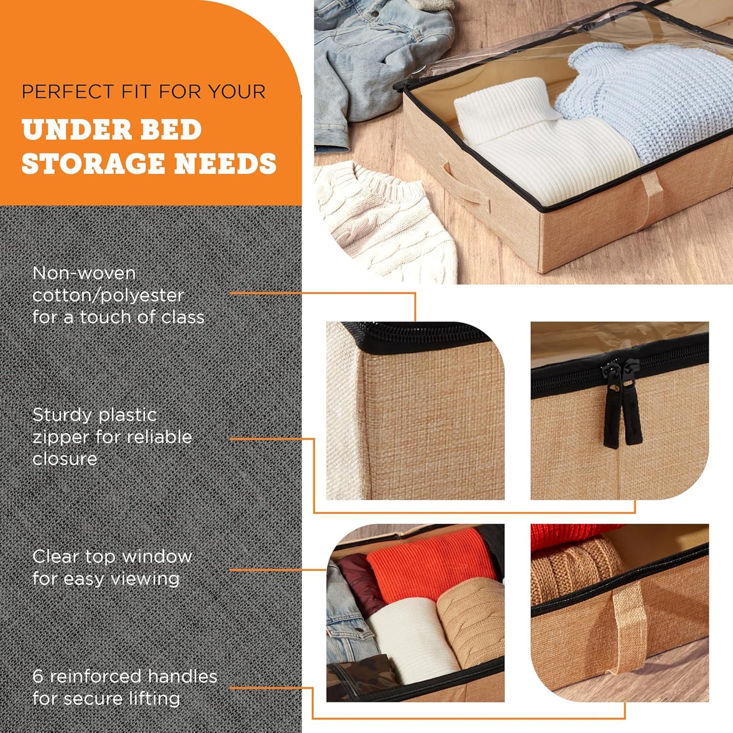 storageLAB Under Bed Storage Containers, Closet Organizers with Sturdy Handles for Clothes, Comforters, and Accessories, Use Under or at the End of the Bed - 2 Pack, Reinforced, Beige