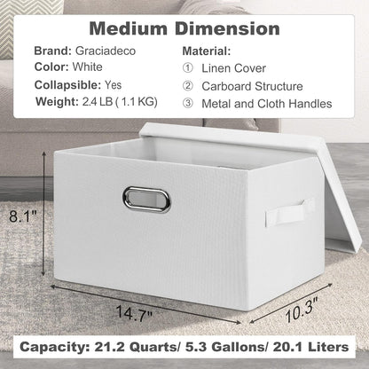 Medium 15" 21 Quart Collapsible Stackable Storage Bins with Lids, 1 Pack White Foldable Fabric Closet Storage Boxes with Lids, 4 Handles Heavy-duty Linen Cube Baskets for Bedroom