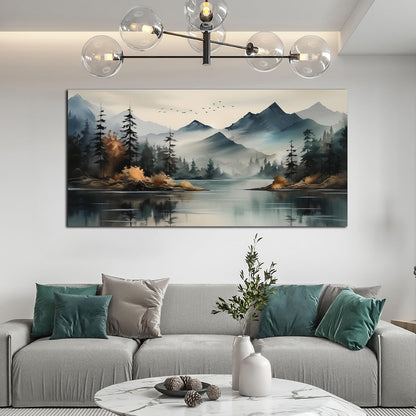 Rustic Wall Art for Living Room Large Size Teal Mountain Tree Landscape Canvas Wall Art for Bedroom Office Decor 29 x 59 Inch