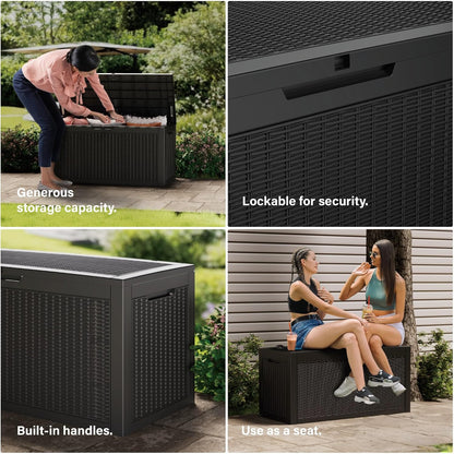 100 Gallon Double-Wall Resin Deck Box - Lockable Waterproof Outdoor Storage Box, 1000lbs Capacity & Doubles as Seating for Patio Furniture - Garden Tools, Pool Accessories (Black)