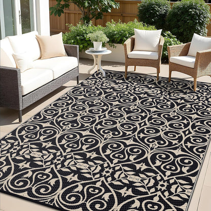 OLANLY Outdoor Rug Waterproof 8x10 ft Clearance, Reversible Outdoor Plastic Straw Rug with Floral Pattern, RV Mat for Patio, Camping, Balcony, Deck, Backyard, Black & Beige