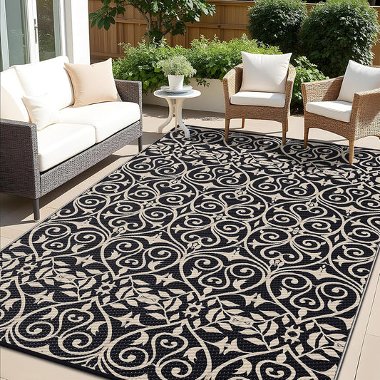 OLANLY Outdoor Rug Waterproof 8x10 ft Clearance, Reversible Outdoor Plastic Straw Rug with Floral Pattern, RV Mat for Patio, Camping, Balcony, Deck, Backyard, Black & Beige