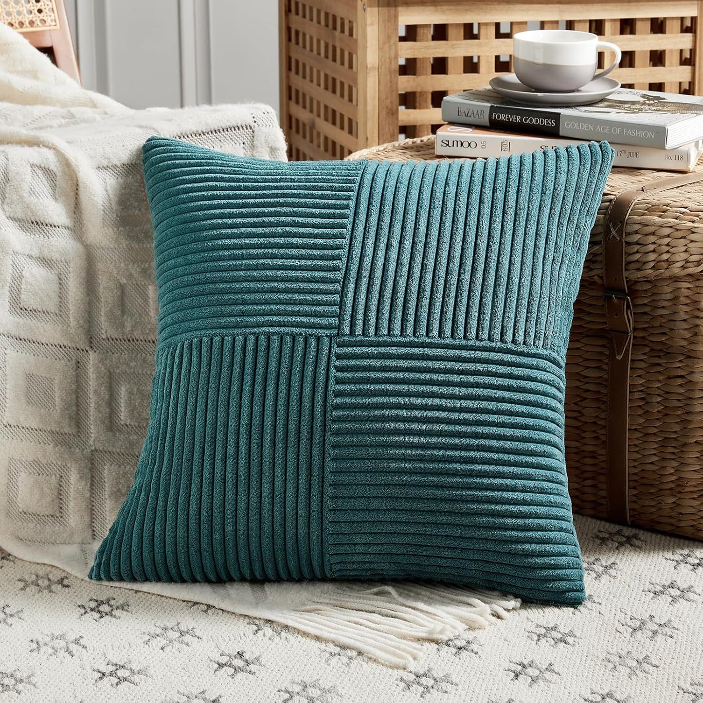 Fancy Homi 2 Packs Teal Samll Decorative Throw Pillow Covers 14x14 Inch with for Couch Bed Sofa, Rustic Farmhouse Boho Home Decor, Soft Corss Patchwork Corduroy Square Cushion Case 35x35 cm