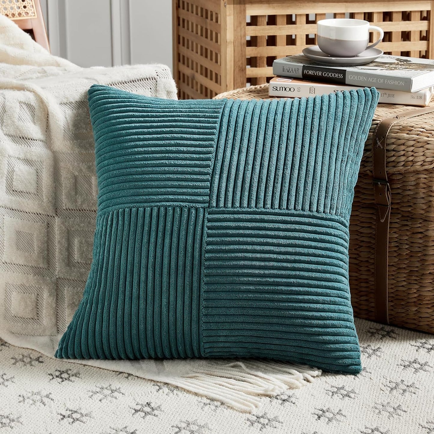 Fancy Homi 2 Packs Teal Decorative Throw Pillow Covers 20x20 Inch for Living Room Couch Bed Sofa, Rustic Farmhouse Boho Home Decor, Soft Corss Corduroy Patchwork Accent Square Cushion Case 50x50 cm