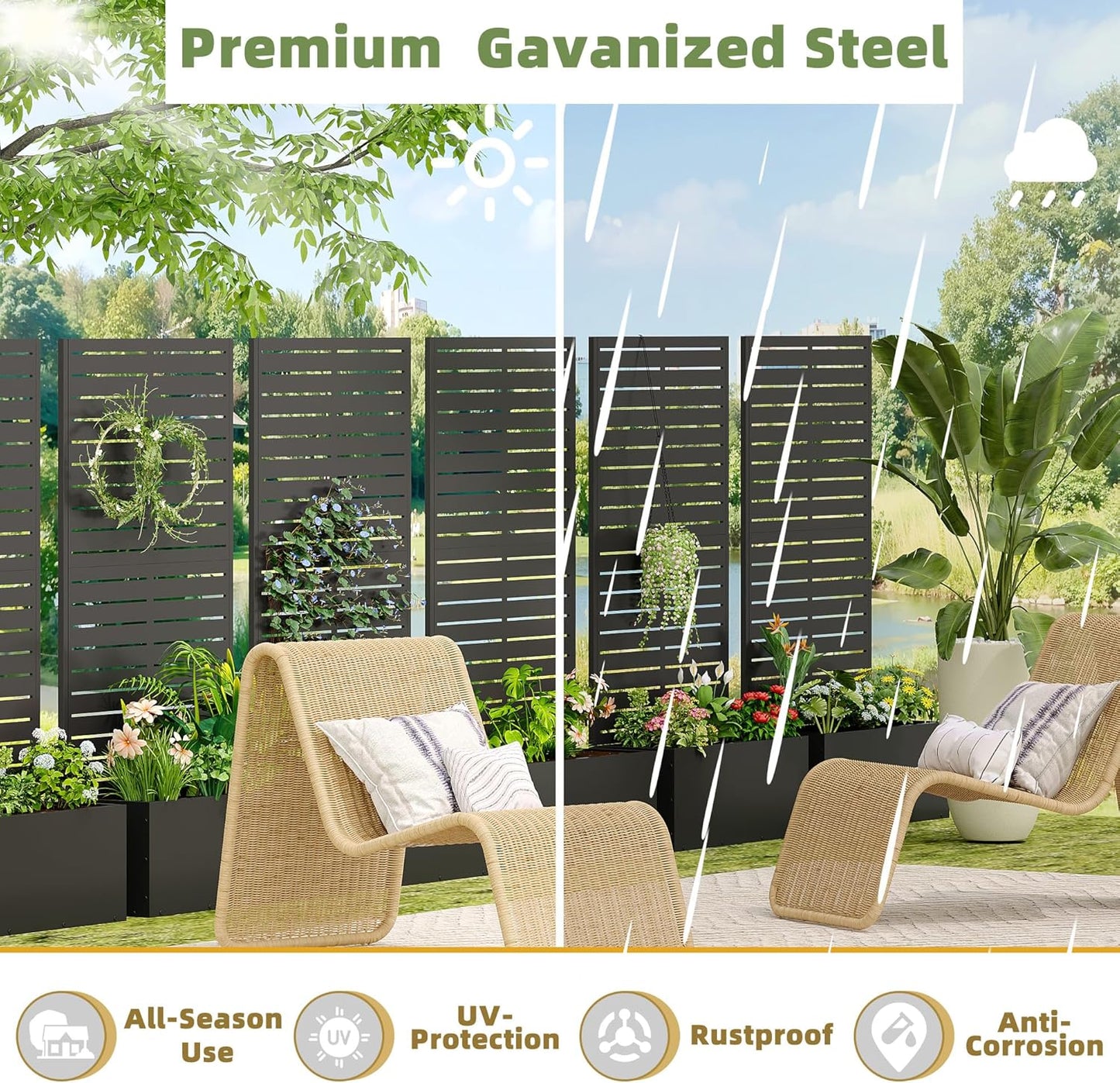 Casaphoria Metal Raised Garden Bed with Trellis, 59"x30"x12" Planter Box for Climbing Plants, Vegetables & Vines, Features Drainage Holes and Privacy Screen (Black-Louvered)