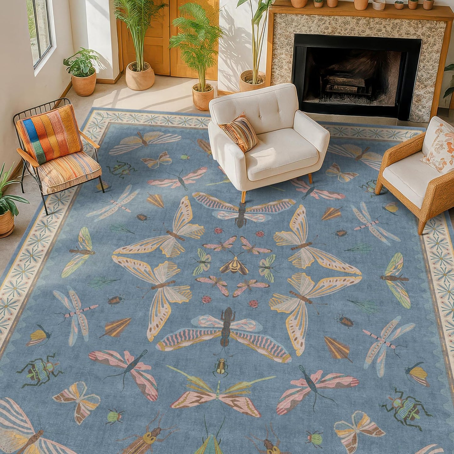 Light Blue Rugs for Dining Room Under Table - 8x10 Washable Area Rugs for Living Room, Bedroom, Kids Room, Playroom, Lage Modern Boho Animal Print Carpet, Ultra Soft Non Slip Stain Resistant