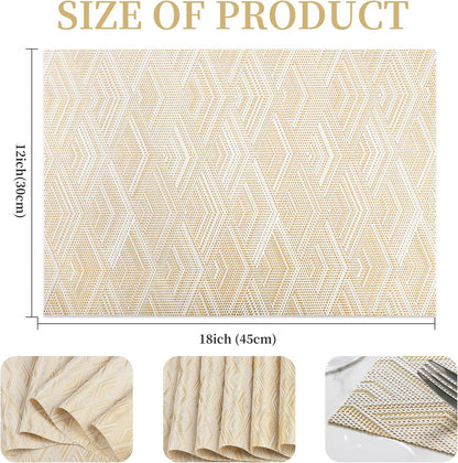 Vinyl Plastic Placemats Set of 6 Washable Heat Resistant Non-Slip Elegant Indoor Outdoor Kitchen Dining PVC Woven Table Place Mats (Gold Yellow Rhombus)