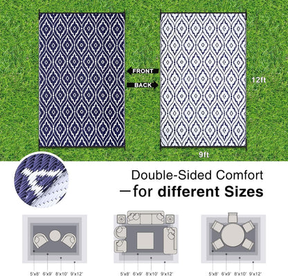OLANLY Outdoor Rug 9x12 ft Waterproof, Outdoor Plastic Straw Rug with Geometric Pattern Clearance, Reversible RV Mat for Patio, Camping, Balcony, Deck, Backyard, Navy & White