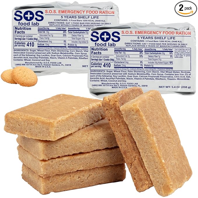 SOS Food Lab Emergency Food Bar - 1200 Calorie Ration (2 Pack Shortbread Cookie) - 1 Day/24 Hour Ready to Eat Supply for Camping, Hiking, Disaster Preparedness - 5 Year Shelf Life Energy Survival Food