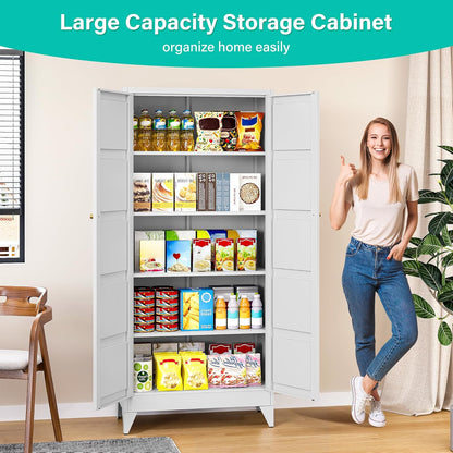 Metal Storages Cabinet with 2 Doors and 5 Shelves,Tall Storage Cabinet,Large Cupboard Closet,Pantry Storage Cabinet for Home,Office,Bathroom,Dining/Living Room (White, 71" H)