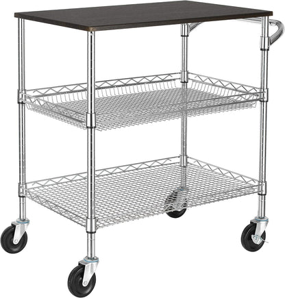 Finnhomy 3 Tier Heavy Duty Commercial Grade Utility Cart with Wood Top, Wire Rolling Cart with Handle Bar, Steel Service Cart with Wheels, Utility Shelf Food Storage Trolley, NSF Listed