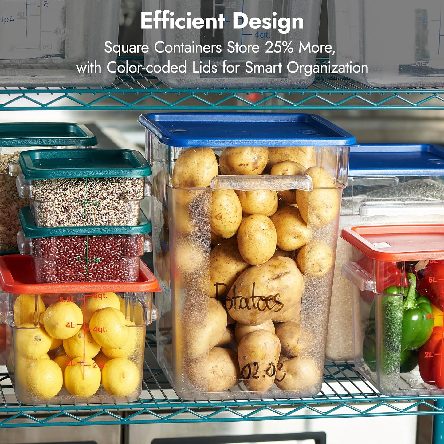 CURTA 4 Pack Food Storage Container with Green Lid - NSF Commercial Grade in 4.0 Qt - Square, Clear, Polycarbonate