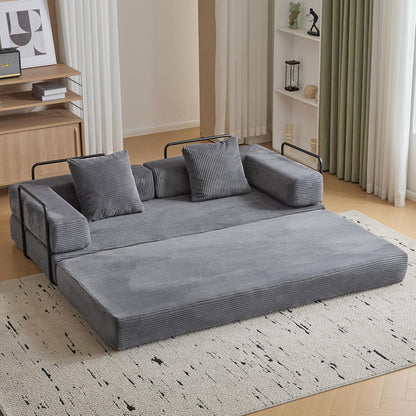 Convertible Sleeper Sofa Bed, Compression Folding Sofa with Pillow, No Assembly Required, Shape Frame, Floor Sofas Lounge Couch for Living Room, Bedroom, Small Spaces(Corduroy, 77''W, Dark Grey)
