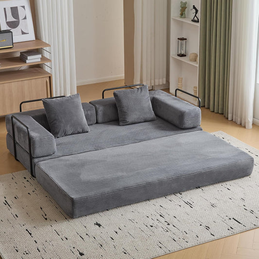 Convertible Sleeper Sofa Bed, Compression Folding Sofa with Pillow, No Assembly Required, Shape Frame, Floor Sofas Lounge Couch for Living Room, Bedroom, Small Spaces(Corduroy, 77''W, Dark Grey)