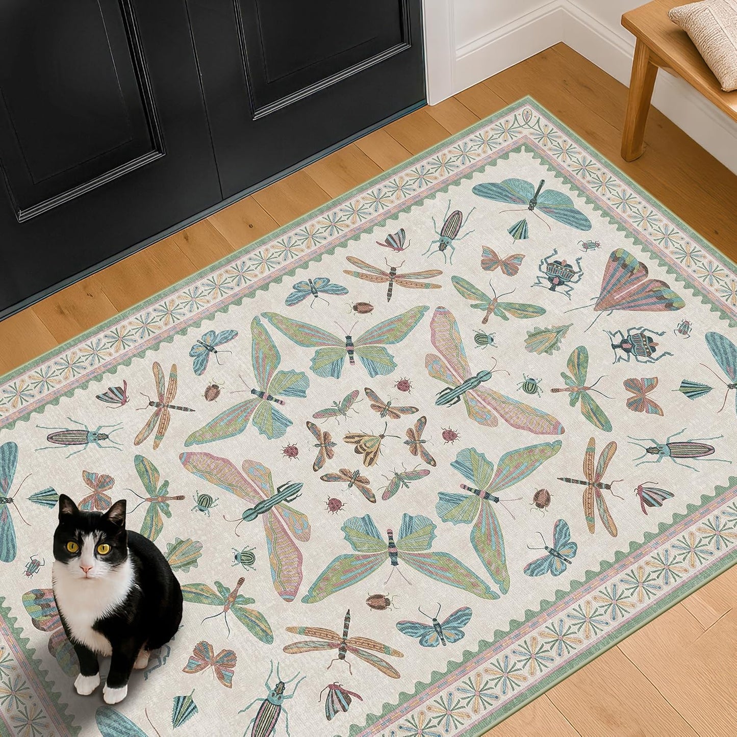 Washable Sage Green Large Entryway Rug, 3x5 Area Rugs for Laundry Room, Kitchen, Bedroom, Dorm, Insect Print Vintage Floral Non-Slip Throw Rug Low Pile Stain Resistance