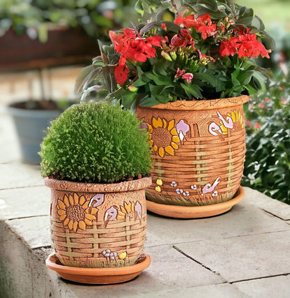 Ceramic Pot with Drainage Hole and Saucer, Plant Pots, Modern Decorative Planters for House Plants Indoor Flowers Plants, Cute Flower Pot - Gifts (Wicker (1.6 L))