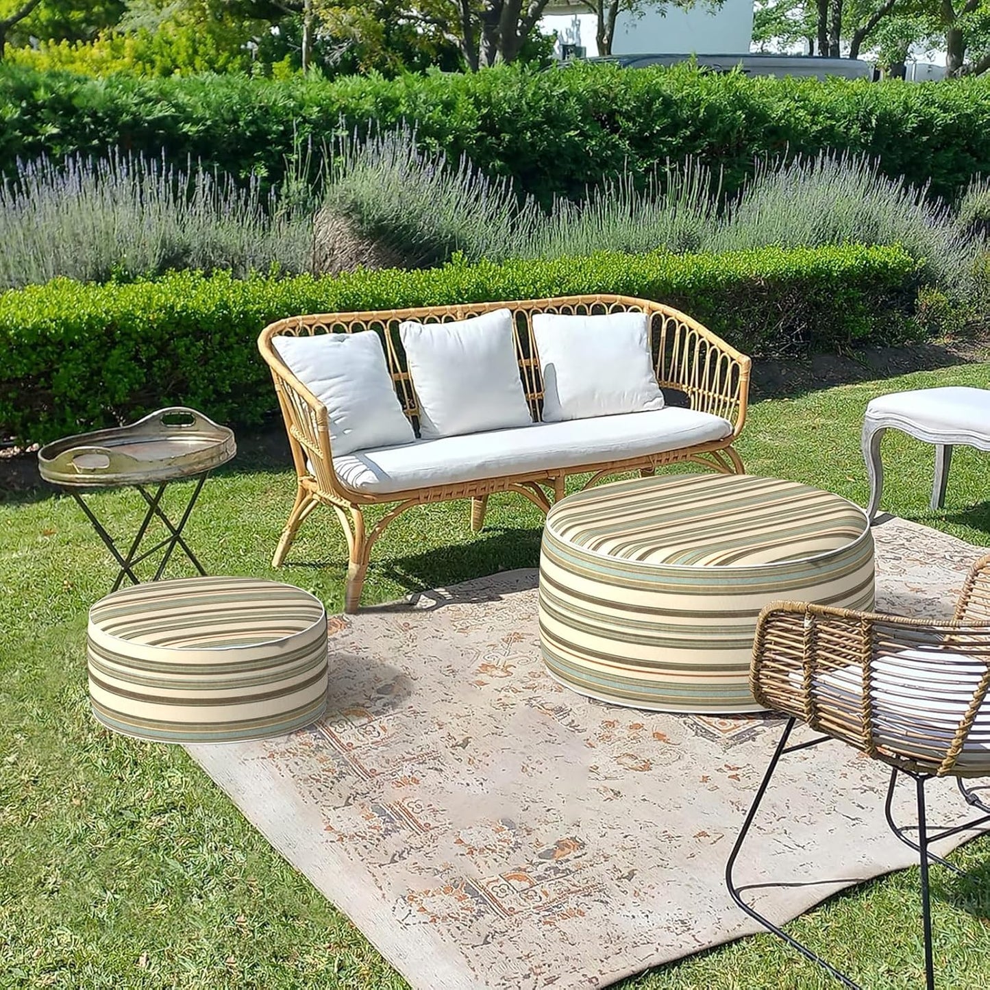 LVTXIII Inflatable Stool Ottoman Footrest with Handle, Decorative Fade-Resistant Foot Stool, Indoor or Outdoor Pouf for Home Garden and Camping Use, 21x21x9, Stripe Onyx