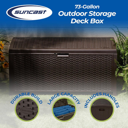 Suncast Outdoor Storage Box - 73 Gallon Mocha Brown Deck Box for Patio, Waterproof Outdoor Storage Bench, Resin Wicker Style, Heavy-Duty, Lockable Lid for Cushions, Shoes, Pool & Garden Gear