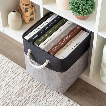 OrganiHaus 11x11 Cube Storage Bins 4 Pack, Foldable Cube Storage Organizer w/ Rope Handles, Collapsible Fabric Bins for Toys, Clothes & Closet Organization, Fabric Square Baskets - Gray/Black