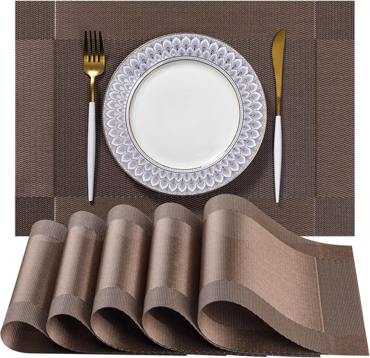 LEXMORE PlaceMats Set of 12 Vinyl/Plastic Woven Place Mats for Kitchen Table Indoor/Outdoor Washable PlaceMat Wipeable Dining Table Mats(Brown Cube)