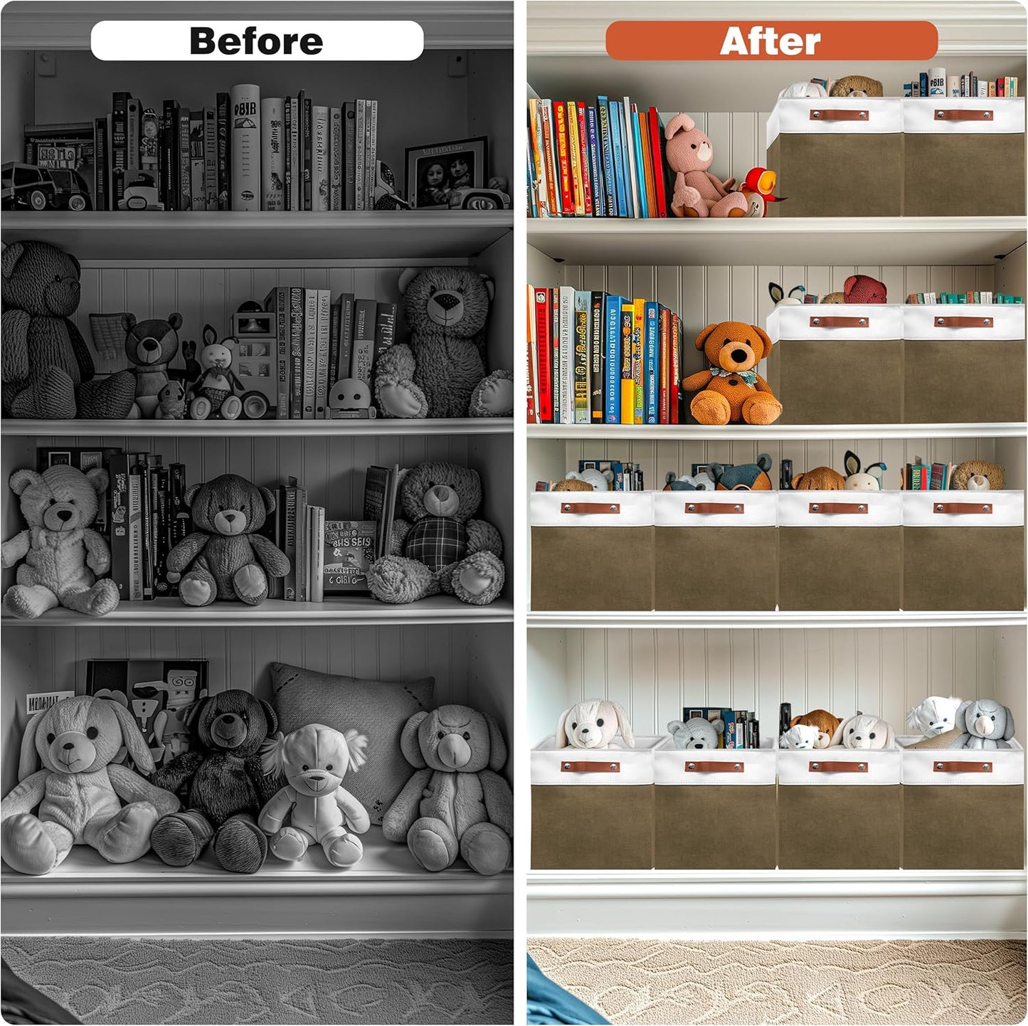 11in Open Fabric Storage Basket with Leather Handles for Organizing, Collapsible Linen Closet Bins for Shelves, Closets, Laundry, Decorative Basket for Gifts. (White＆Brown, 2PCS/11x11in)