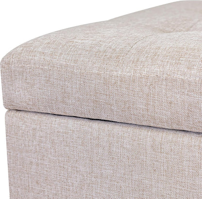 Adeco 18 Inch High Cube Ottoman Storage, Linen Chair Foot Stools, Upholstered Vanity Stool with Hinged Lid, Solid Wood Legs (Beige Grey)